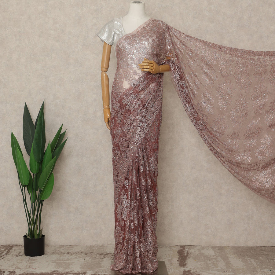 Dusty Rose Premium French Metallic Chantilly Lace Saree with Stone Work, 5.5 Mtrs Length, 110 Cms Width, Made in France-D27131 Regal Fabrics