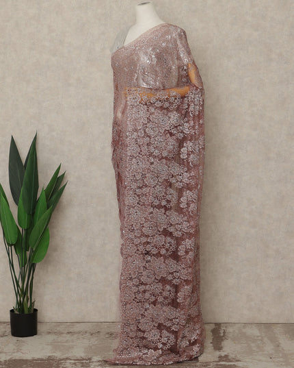 Dusty Rose Premium French Metallic Chantilly Lace Saree with Stone Work, 5.5 Mtrs Length, 110 Cms Width, Made in France-D27131 Regal Fabrics