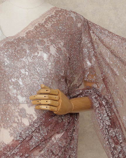 Dusty Rose Premium French Metallic Chantilly Lace Saree with Stone Work, 5.5 Mtrs Length, 110 Cms Width, Made in France-D27131 Regal Fabrics
