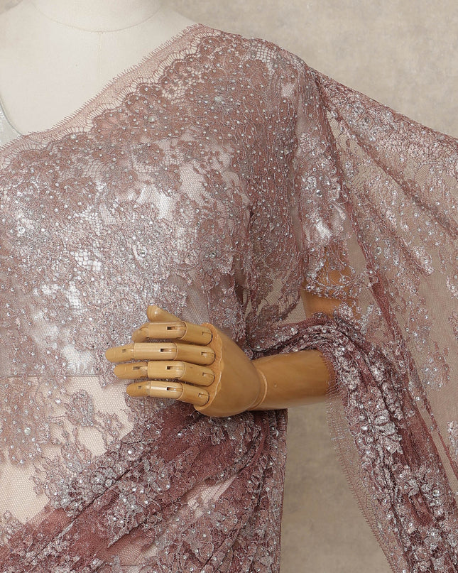 Dusty Rose Premium French Metallic Chantilly Lace Saree with Stone Work, 5.5 Mtrs Length, 110 Cms Width, Made in France-D27131 Regal Fabrics