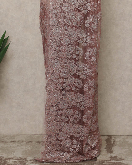 Dusty Rose Premium French Metallic Chantilly Lace Saree with Stone Work, 5.5 Mtrs Length, 110 Cms Width, Made in France-D27131 Regal Fabrics