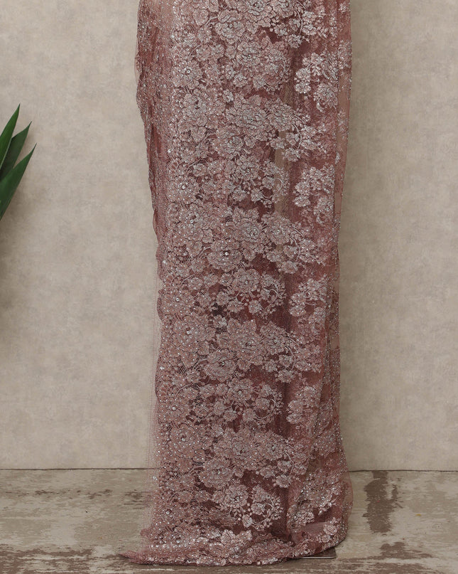 Dusty Rose Premium French Metallic Chantilly Lace Saree with Stone Work, 5.5 Mtrs Length, 110 Cms Width, Made in France-D27131 Regal Fabrics