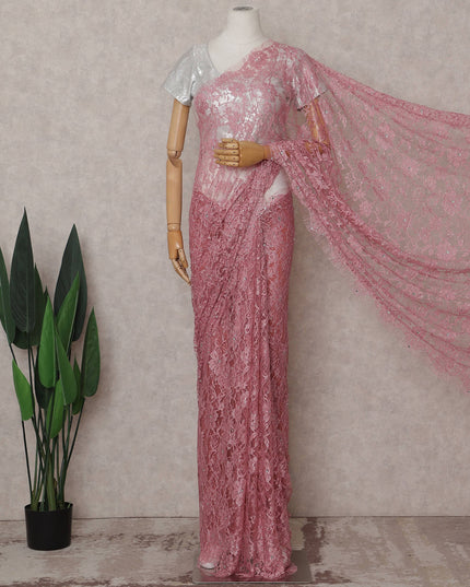 Dusty Rose Pink Floral Metallic French Lace Saree Fabric