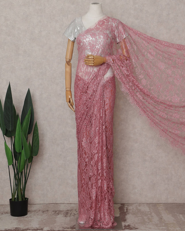 Dusty Rose Pink Floral Metallic French Lace Saree Fabric