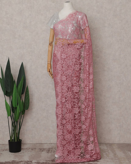 Dusty Rose Pink Floral Metallic French Lace Saree Fabric