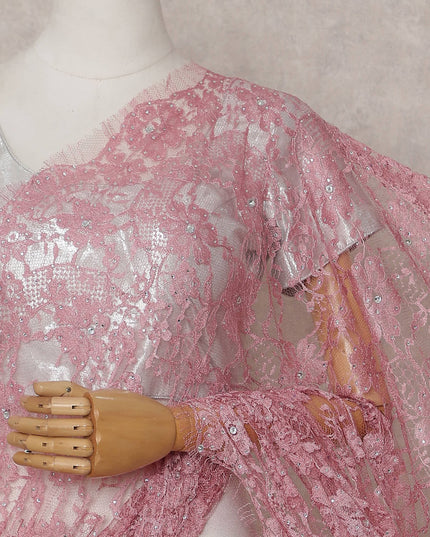 Dusty Rose Pink Floral Metallic French Lace Saree Fabric