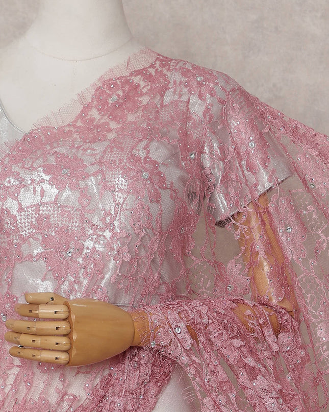 Dusty Rose Pink Floral Metallic French Lace Saree Fabric