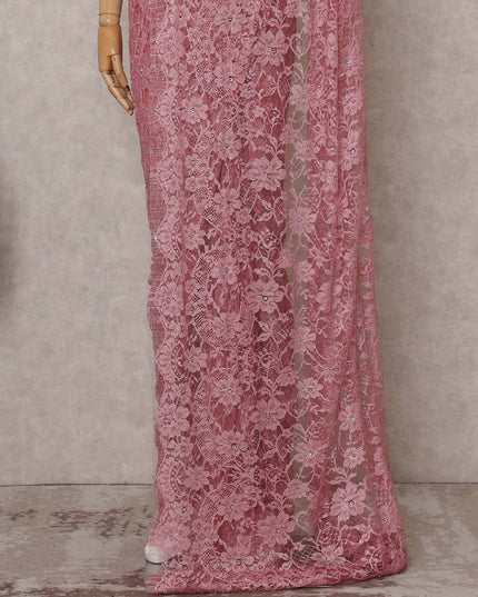 Dusty Rose Pink Floral Metallic French Lace Saree Fabric