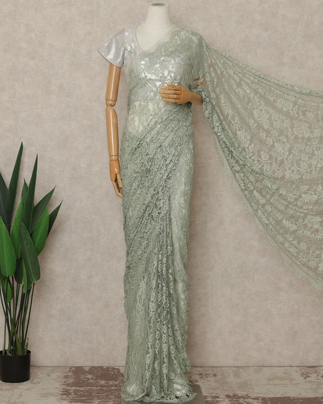 Sage Green Premium French Chantilly Saree Lace With Stone Work 110 Cms Width 5.5 Meters Piece Elegant Floral Net Lace From France For Designer Sarees And Couture Draping-D27693