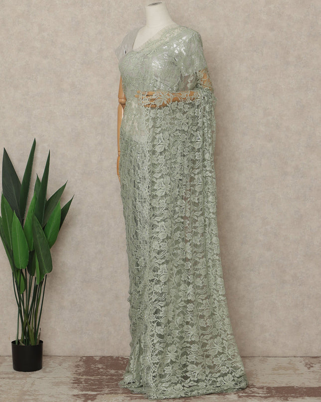 Sage Green Premium French Chantilly Saree Lace With Stone Work 110 Cms Width 5.5 Meters Piece Elegant Floral Net Lace From France For Designer Sarees And Couture Draping-D27693