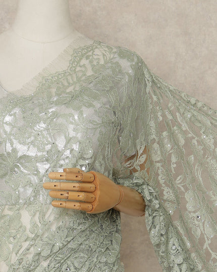 Sage Green Premium French Chantilly Saree Lace With Stone Work 110 Cms Width 5.5 Meters Piece Elegant Floral Net Lace From France For Designer Sarees And Couture Draping-D27693