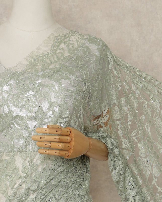 Sage Green Premium French Chantilly Saree Lace With Stone Work 110 Cms Width 5.5 Meters Piece Elegant Floral Net Lace From France For Designer Sarees And Couture Draping-D27693