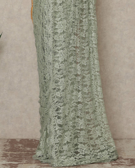Sage Green Premium French Chantilly Saree Lace With Stone Work 110 Cms Width 5.5 Meters Piece Elegant Floral Net Lace From France For Designer Sarees And Couture Draping-D27693
