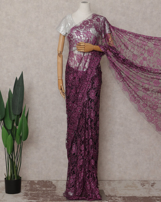 Magenta Purple Stone Embellished Chantilly Lace Saree