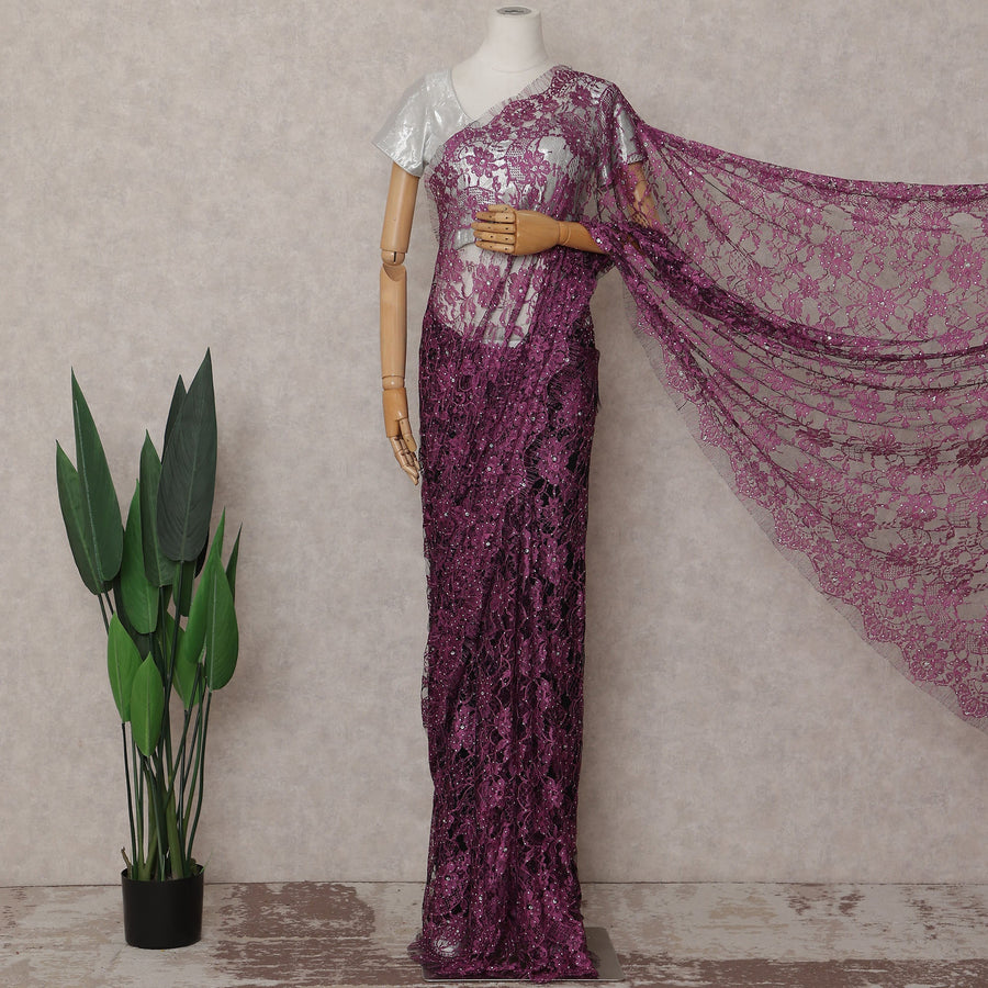 Magenta Purple Stone Embellished Chantilly Lace Saree