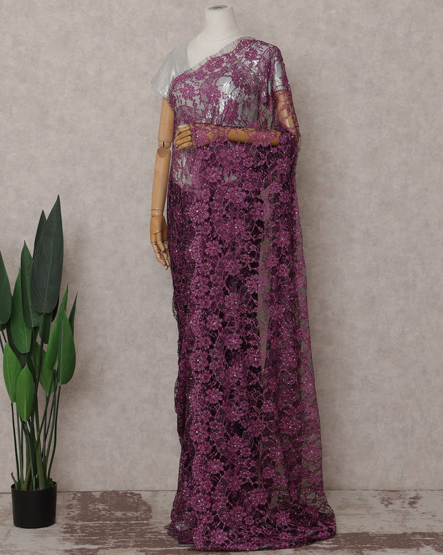 Magenta Purple Stone Embellished Chantilly Lace Saree