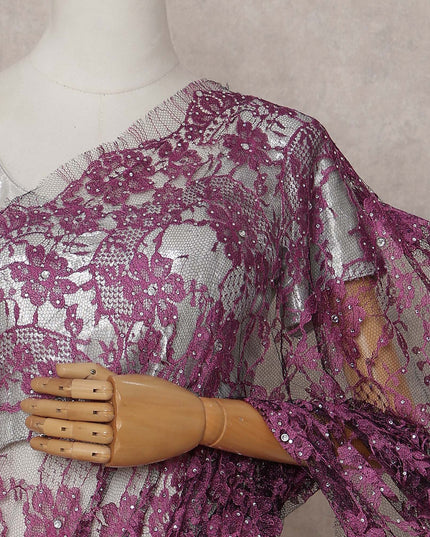Magenta Purple Stone Embellished Chantilly Lace Saree