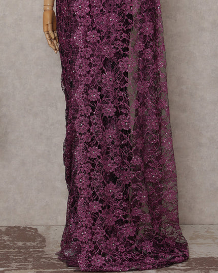 Magenta Purple Stone Embellished Chantilly Lace Saree