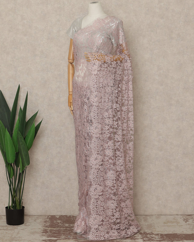 Blush Pink Premium French Chantilly Saree Lace With Stone Work 110 Cms Width 5.5 Meters Piece From France-D27698
