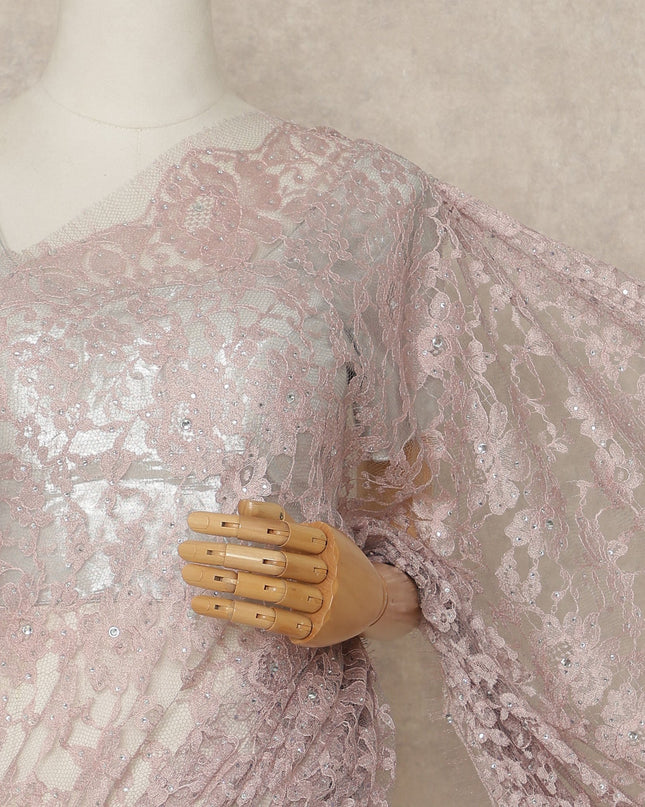 Blush Pink Premium French Chantilly Saree Lace With Stone Work 110 Cms Width 5.5 Meters Piece From France-D27698