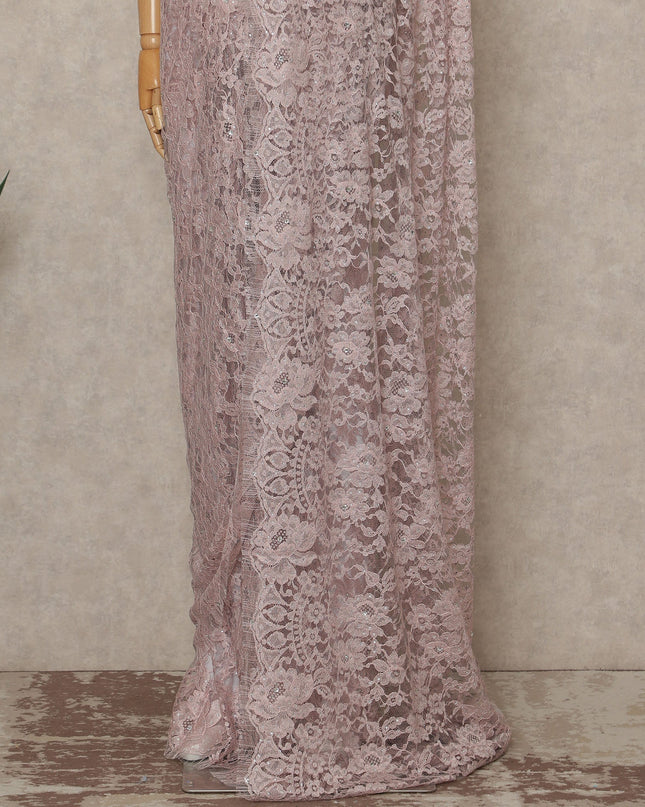 Blush Pink Premium French Chantilly Saree Lace With Stone Work 110 Cms Width 5.5 Meters Piece From France-D27698