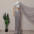 Misty Lilac Grey Floral Metallic French Lace Saree Fabric