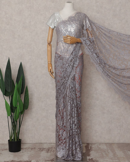 Misty Lilac Grey Floral Metallic French Lace Saree Fabric