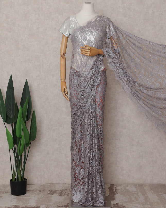 Misty Lilac Grey Floral Metallic French Lace Saree Fabric