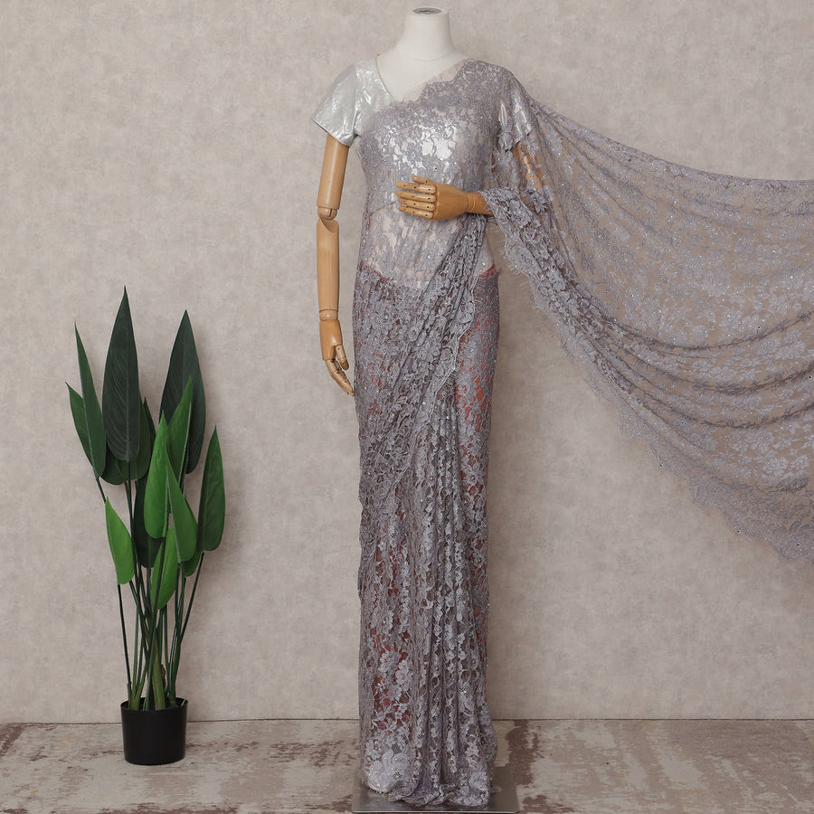 Misty Lilac Grey Floral Metallic French Lace Saree Fabric