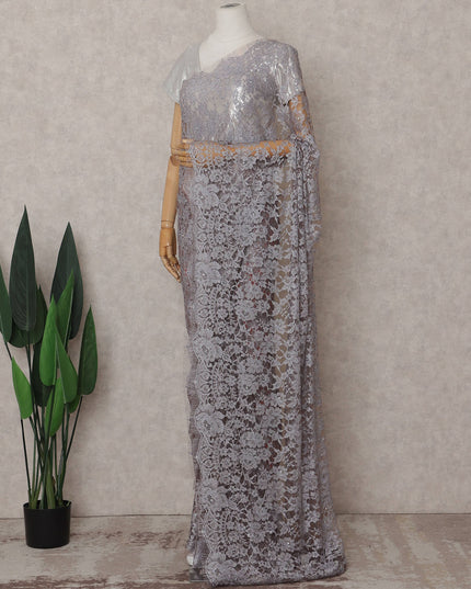 Misty Lilac Grey Floral Metallic French Lace Saree Fabric