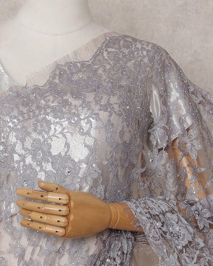 Misty Lilac Grey Floral Metallic French Lace Saree Fabric
