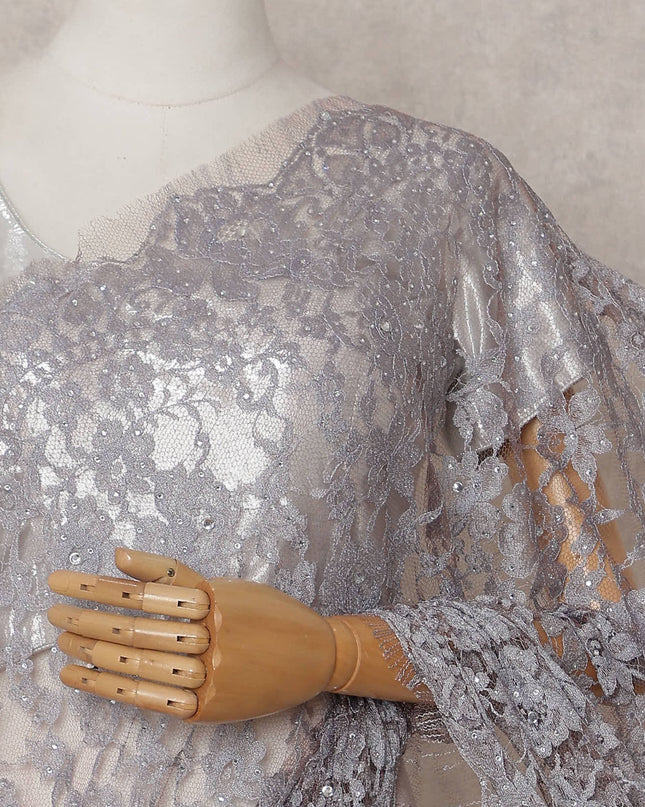 Misty Lilac Grey Floral Metallic French Lace Saree Fabric