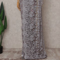 Misty Lilac Grey Floral Metallic French Lace Saree Fabric