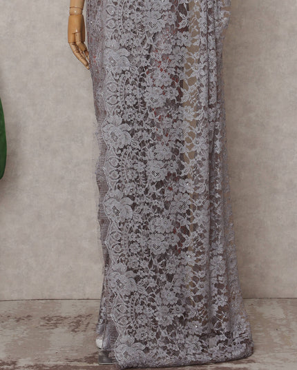 Misty Lilac Grey Floral Metallic French Lace Saree Fabric