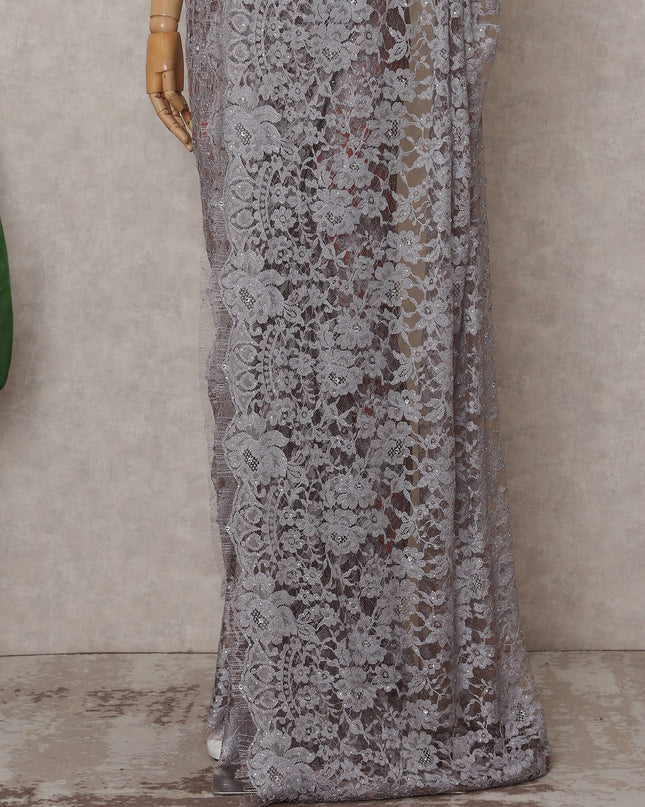 Misty Lilac Grey Floral Metallic French Lace Saree Fabric