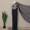 Navy Blue Premium French Chantilly Saree Lace With Stone Work 110 Cms Width 5.5 Meters Piece Elegant Floral Net Lace From France For Designer Sarees And Couture Draping-D27691