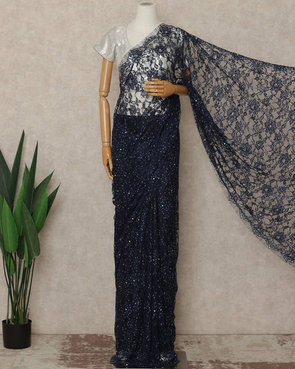 Navy Blue Premium French Chantilly Saree Lace With Stone Work 110 Cms Width 5.5 Meters Piece Elegant Floral Net Lace From France For Designer Sarees And Couture Draping-D27691
