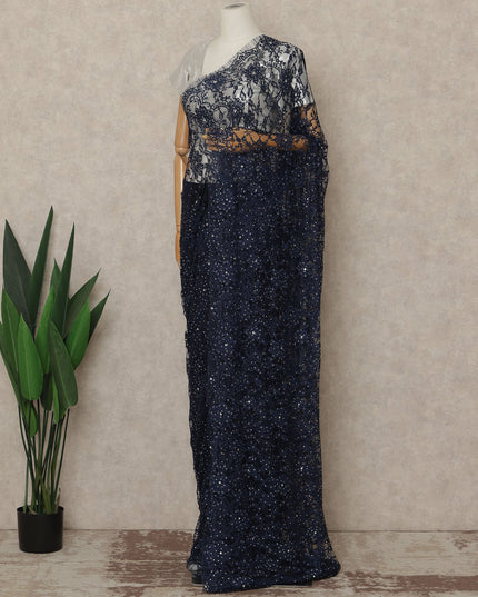 Navy Blue Premium French Chantilly Saree Lace With Stone Work 110 Cms Width 5.5 Meters Piece Elegant Floral Net Lace From France For Designer Sarees And Couture Draping-D27691