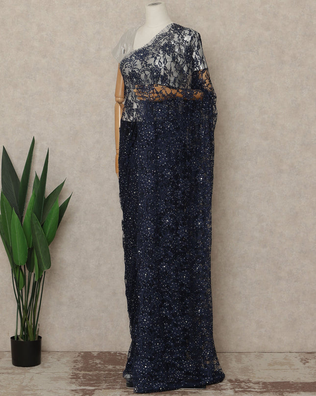 Navy Blue Premium French Chantilly Saree Lace With Stone Work 110 Cms Width 5.5 Meters Piece Elegant Floral Net Lace From France For Designer Sarees And Couture Draping-D27691
