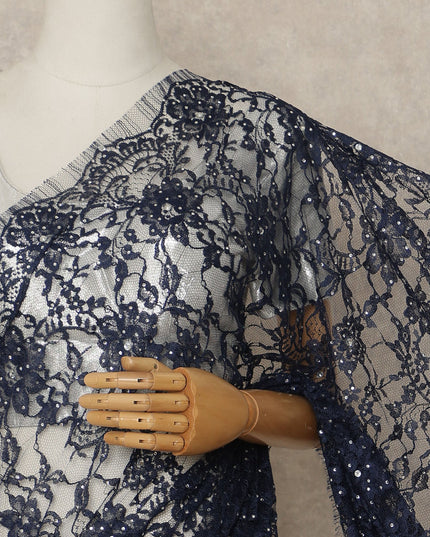 Navy Blue Premium French Chantilly Saree Lace With Stone Work 110 Cms Width 5.5 Meters Piece Elegant Floral Net Lace From France For Designer Sarees And Couture Draping-D27691