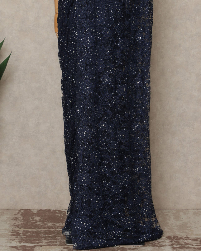Navy Blue Premium French Chantilly Saree Lace With Stone Work 110 Cms Width 5.5 Meters Piece Elegant Floral Net Lace From France For Designer Sarees And Couture Draping-D27691