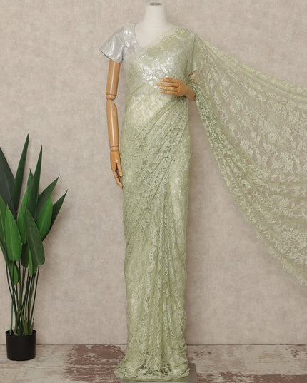 Pistachio Green Premium French Chantilly Saree Lace With Stone Work 110 Cms Width 5.5 Meters Piece Elegant Floral Net Lace From France-D27696