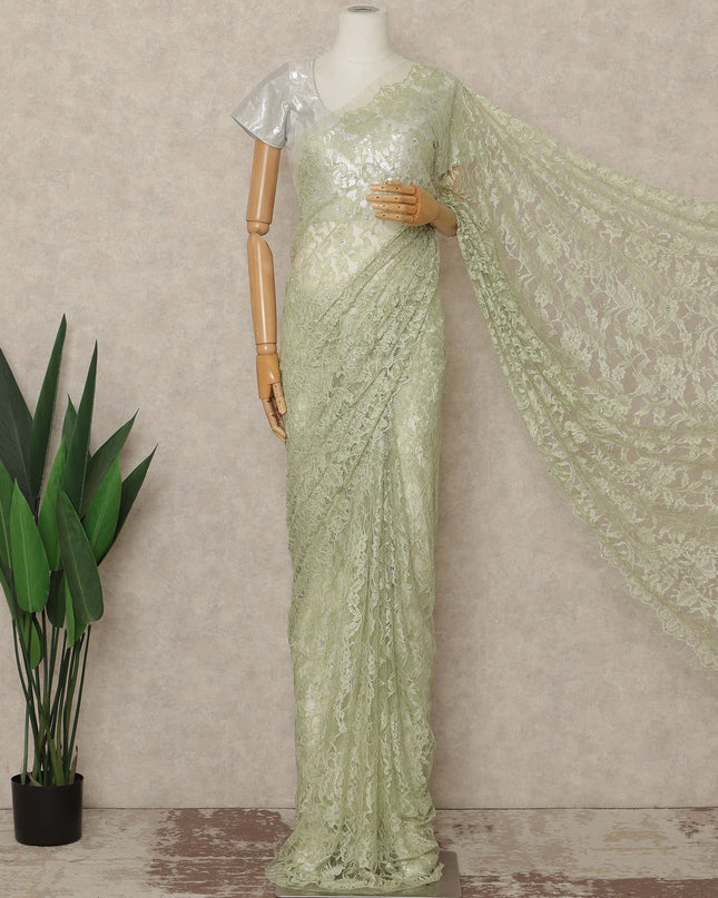Pistachio Green Premium French Chantilly Saree Lace With Stone Work 110 Cms Width 5.5 Meters Piece Elegant Floral Net Lace From France-D27696