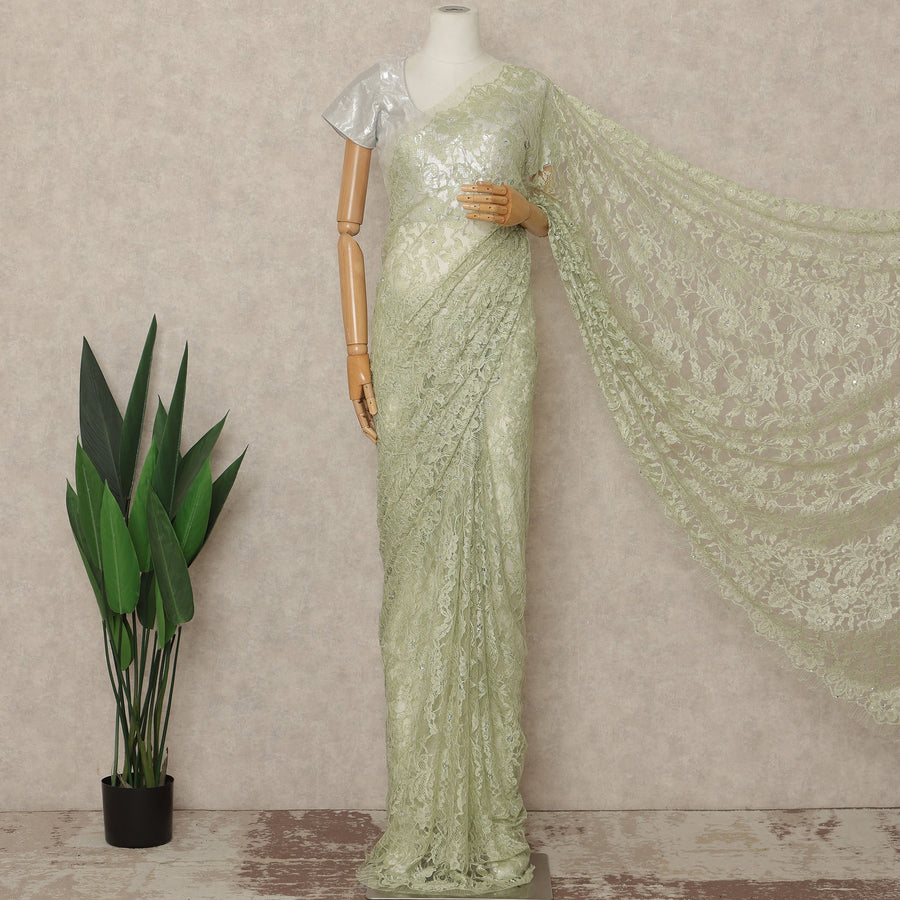 Pistachio Green Premium French Chantilly Saree Lace With Stone Work 110 Cms Width 5.5 Meters Piece Elegant Floral Net Lace From France-D27696