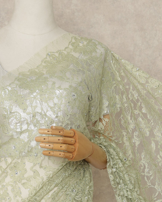 Pistachio Green Premium French Chantilly Saree Lace With Stone Work 110 Cms Width 5.5 Meters Piece Elegant Floral Net Lace From France-D27696