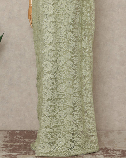 Pistachio Green Premium French Chantilly Saree Lace With Stone Work 110 Cms Width 5.5 Meters Piece Elegant Floral Net Lace From France-D27696