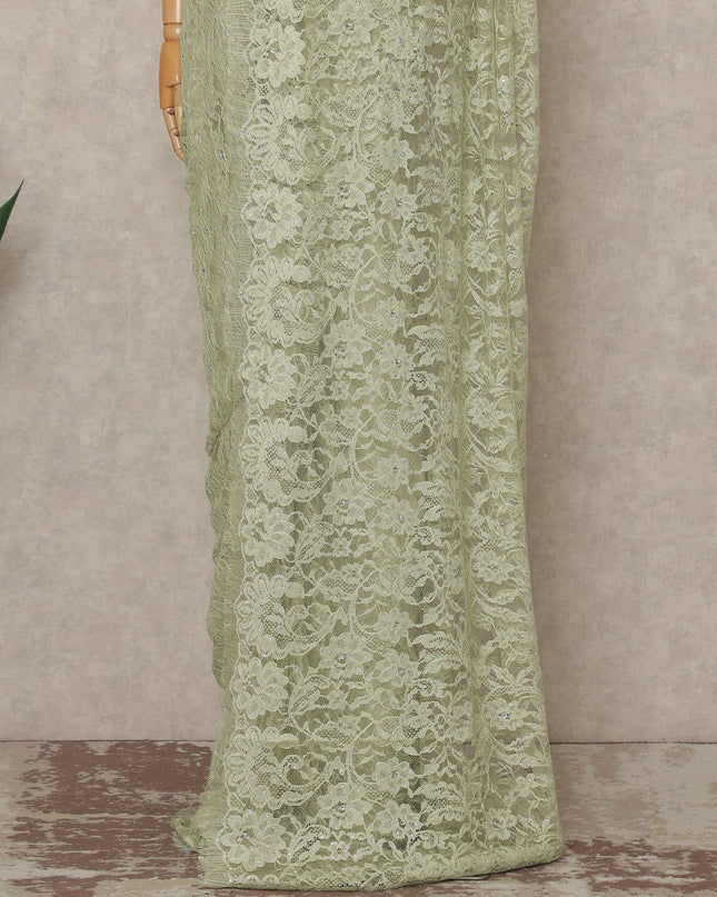 Pistachio Green Premium French Chantilly Saree Lace With Stone Work 110 Cms Width 5.5 Meters Piece Elegant Floral Net Lace From France-D27696