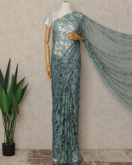 Light Blue Premium French Chantilly Saree Lace With Stone Work 110 Cms Width 5.5 Meters Piece Elegant Floral Net Lace From France For Designer Sarees And Couture Draping-D27694