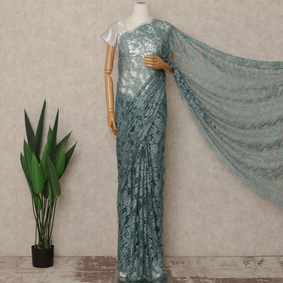 Light Blue Premium French Chantilly Saree Lace With Stone Work 110 Cms Width 5.5 Meters Piece Elegant Floral Net Lace From France For Designer Sarees And Couture Draping-D27694