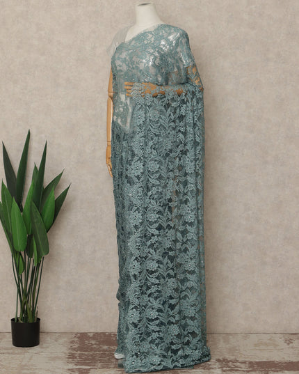 Light Blue Premium French Chantilly Saree Lace With Stone Work 110 Cms Width 5.5 Meters Piece Elegant Floral Net Lace From France For Designer Sarees And Couture Draping-D27694